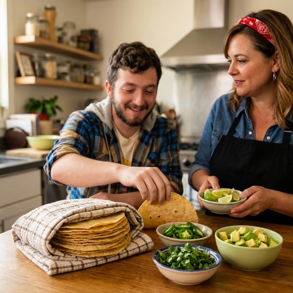 A stack of warm tortillas wrapped in a clean kitchen towel next to bowls of toppings like cilantro, jalapeno, and avocado