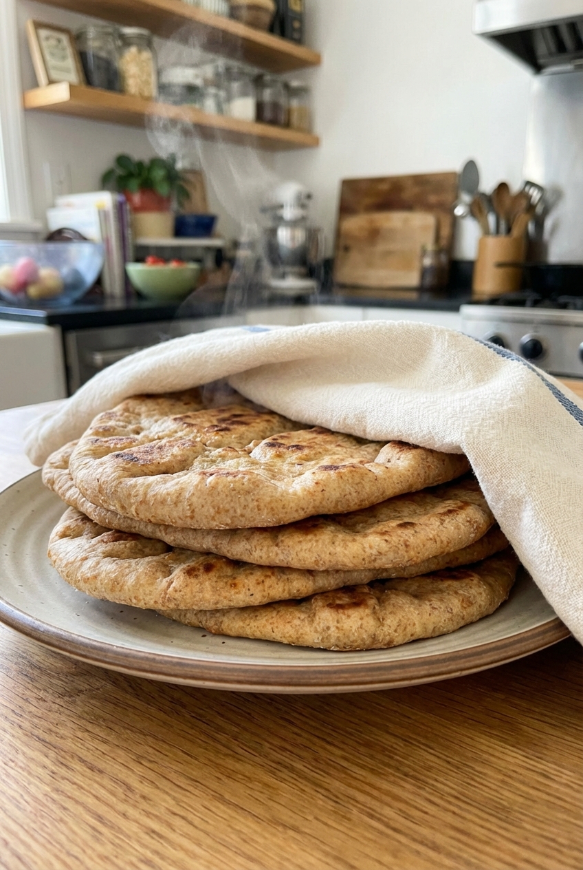 A stack of warm whole wheat naan on a plate with a towel partially covering it