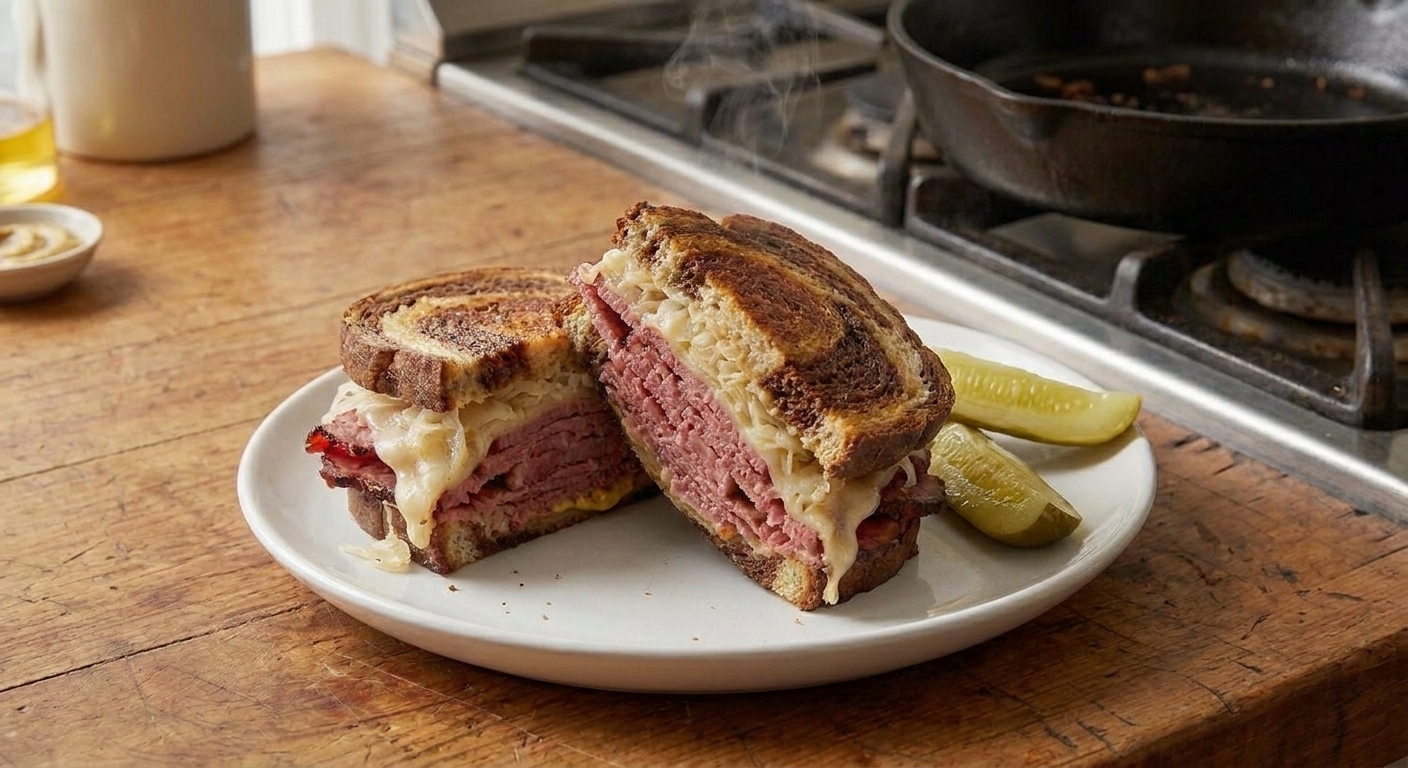 A stacked pastrami sandwich on toasted rye with melted Swiss, mustard, and pickle spears on a simple white plate at a kitchen table
