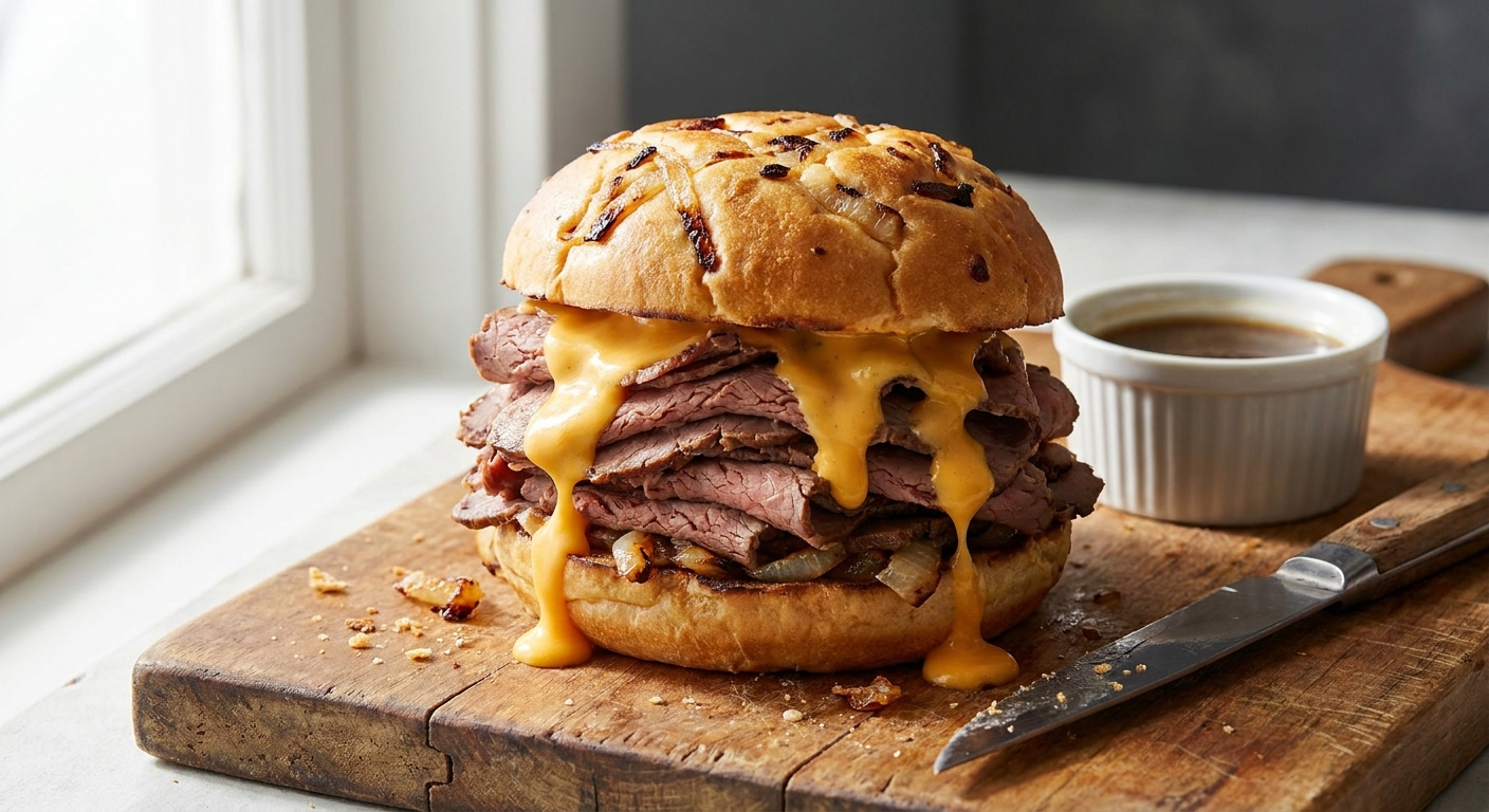 A stacked roast beef sandwich on a toasted onion bun with warm cheddar sauce drizzled on top, shot on a wooden cutting board in natural window light