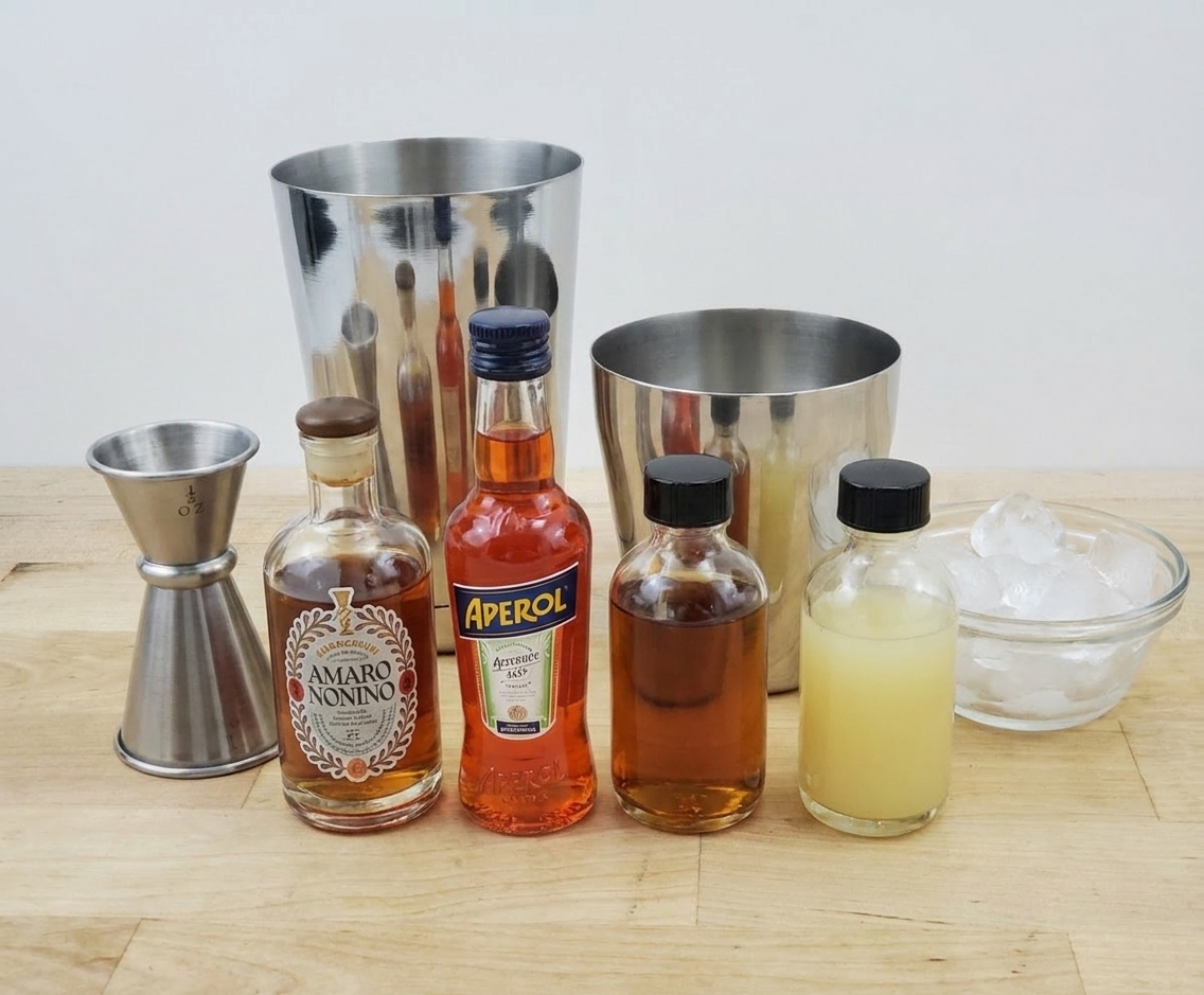 A stainless cocktail shaker on a kitchen counter with measured spirits nearby, ready to shake a Paper Plane
