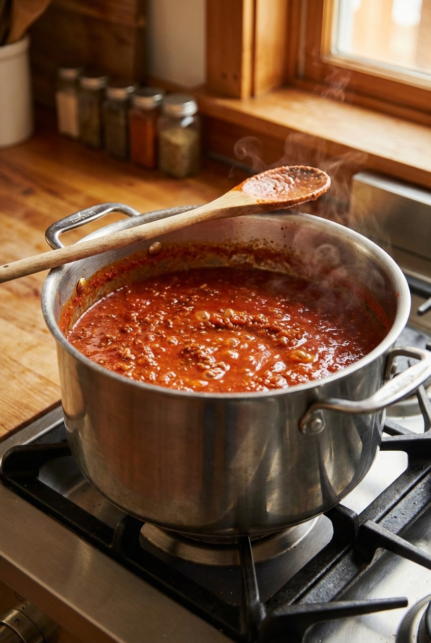 A stainless pot on a stove with a rich red spiced meat sauce simmering, steam rising and a wooden spoon resting on the rim