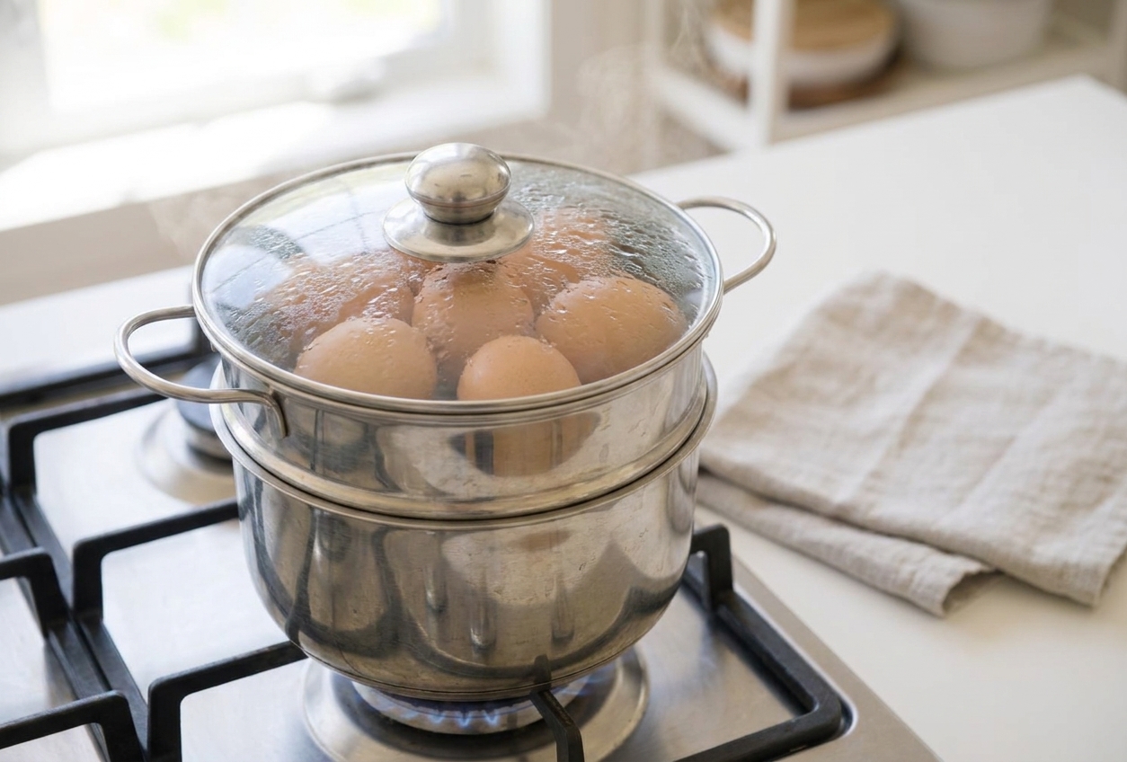 A stainless steamer basket set over a saucepan with several eggs steaming under a glass lid on a home stove