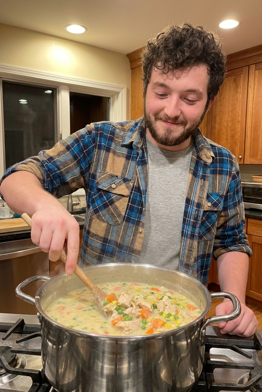 A stainless steel Dutch oven on a stovetop filled with creamy chicken pot pie soup, vegetables and chicken visible at the surface, a wooden spoon stirring the soup, steam rising in warm kitchen lighting