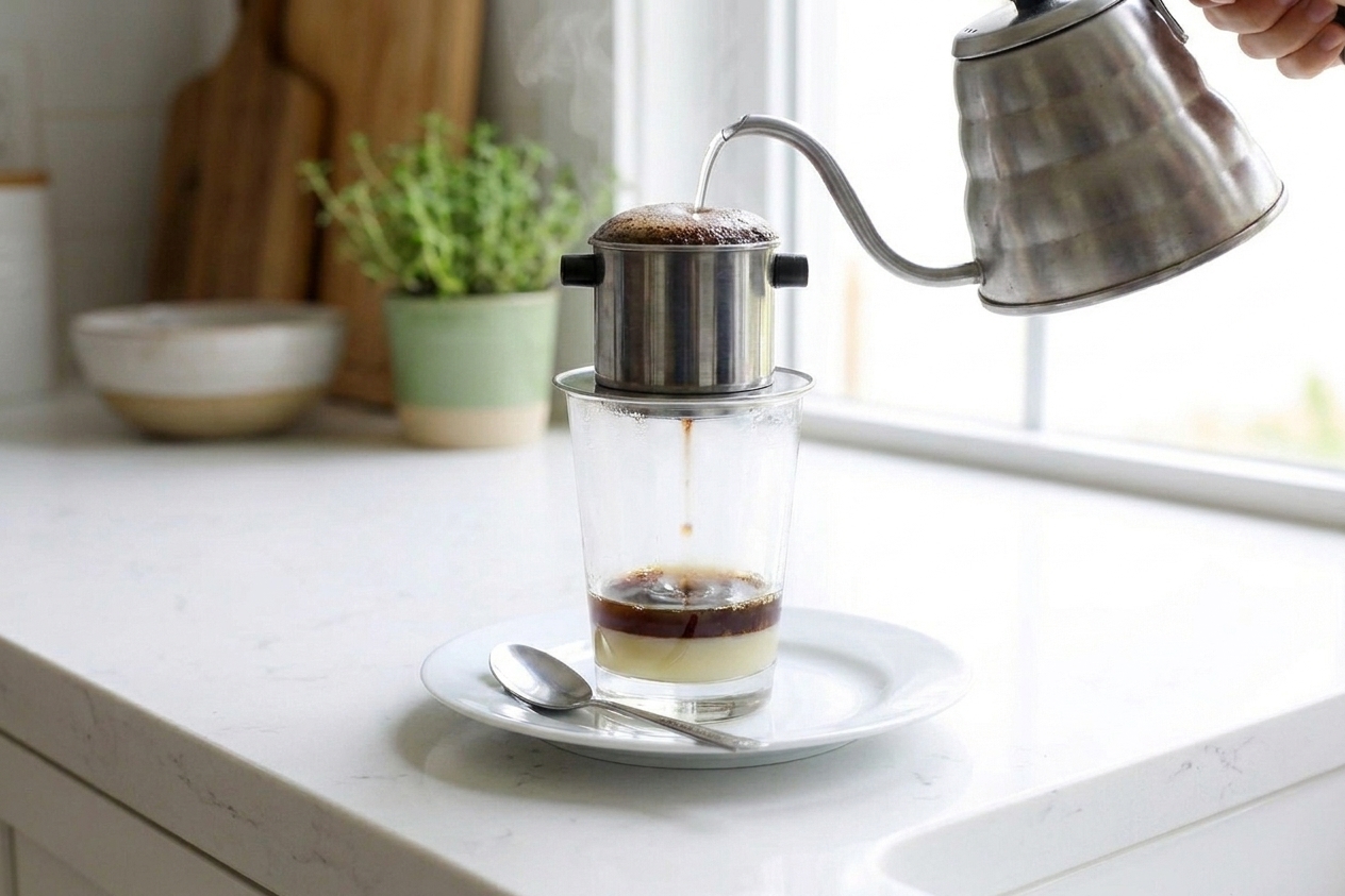 A stainless steel Vietnamese phin filter on a glass as a small amount of hot water blooms the coffee grounds on a kitchen counter