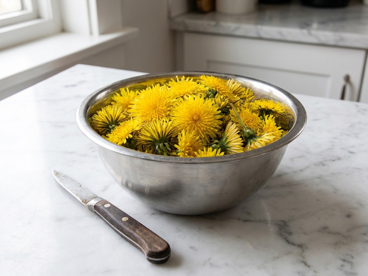 A stainless steel bowl filled with freshly picked yellow dandelion blossoms on a kitchen counter beside a small paring knife