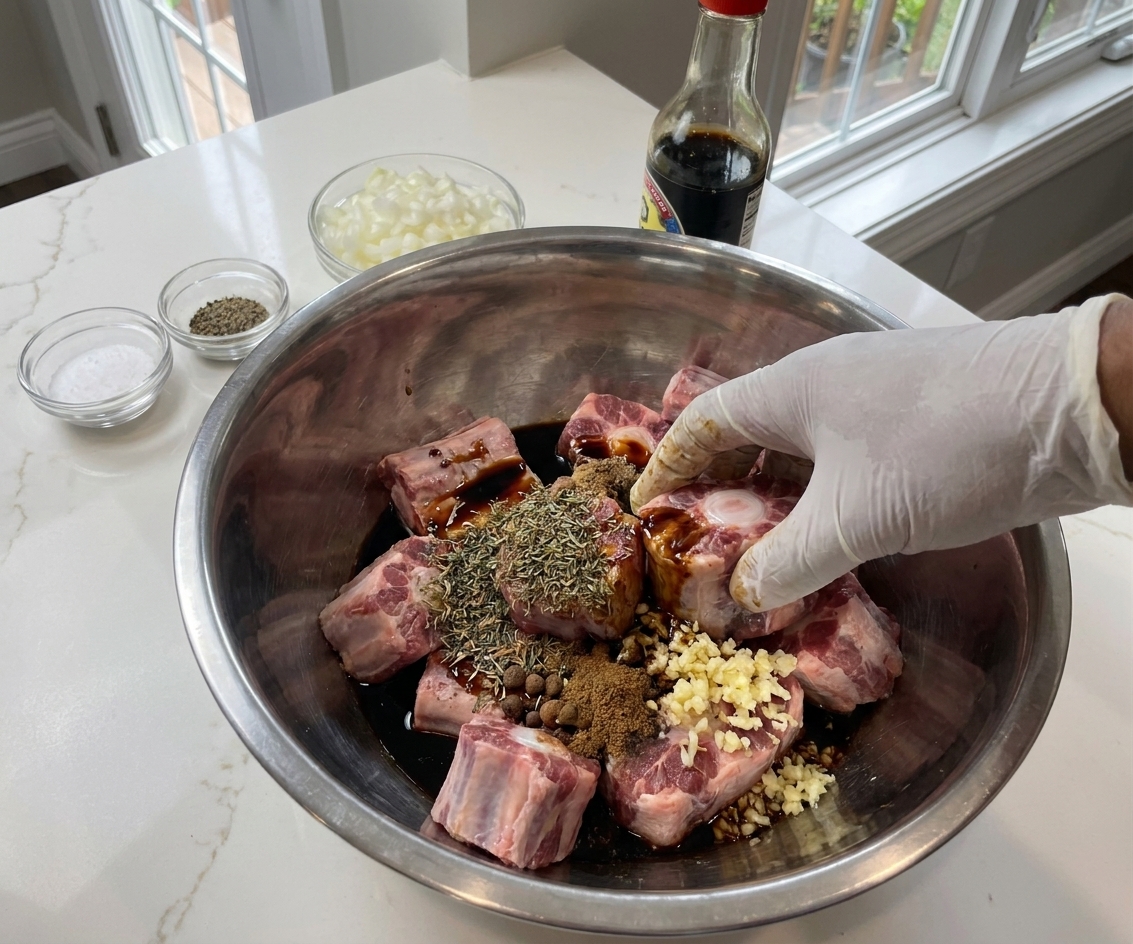 A stainless steel bowl with raw oxtail being seasoned with soy sauce, spices, and minced garlic on a kitchen counter