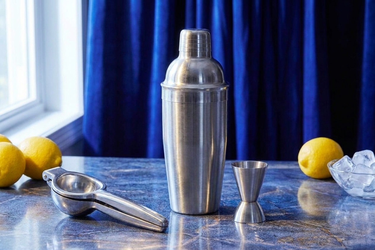 A stainless steel cocktail shaker, a metal jigger, and a handheld lemon juicer arranged neatly on a kitchen counter with soft window light