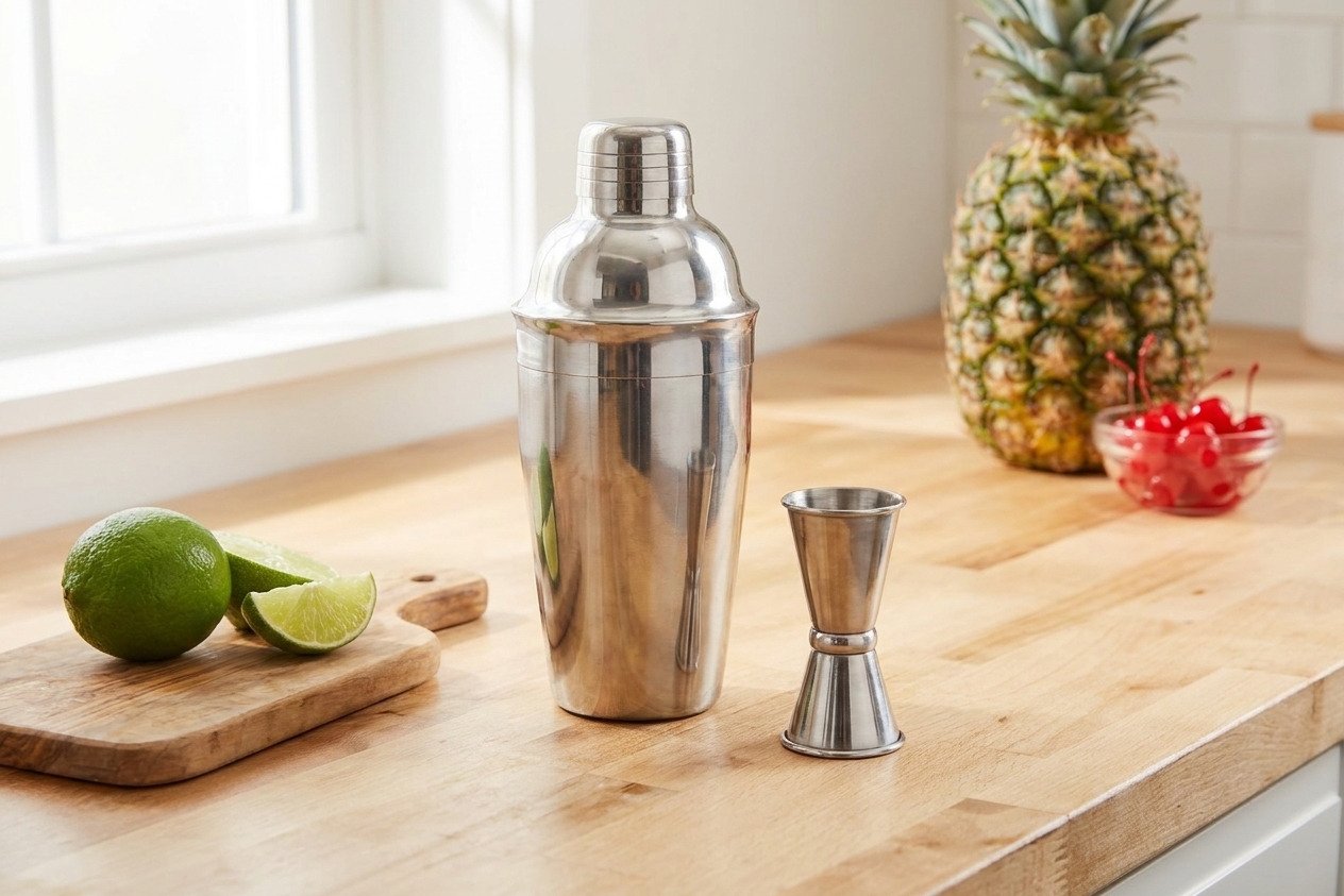 A stainless steel cocktail shaker and jigger on a kitchen counter next to a cutting board and lime
