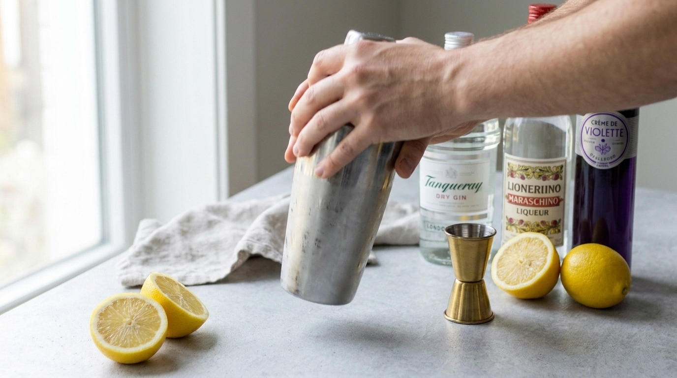 A stainless steel cocktail shaker being shaken over a kitchen counter with lemons and bottles nearby