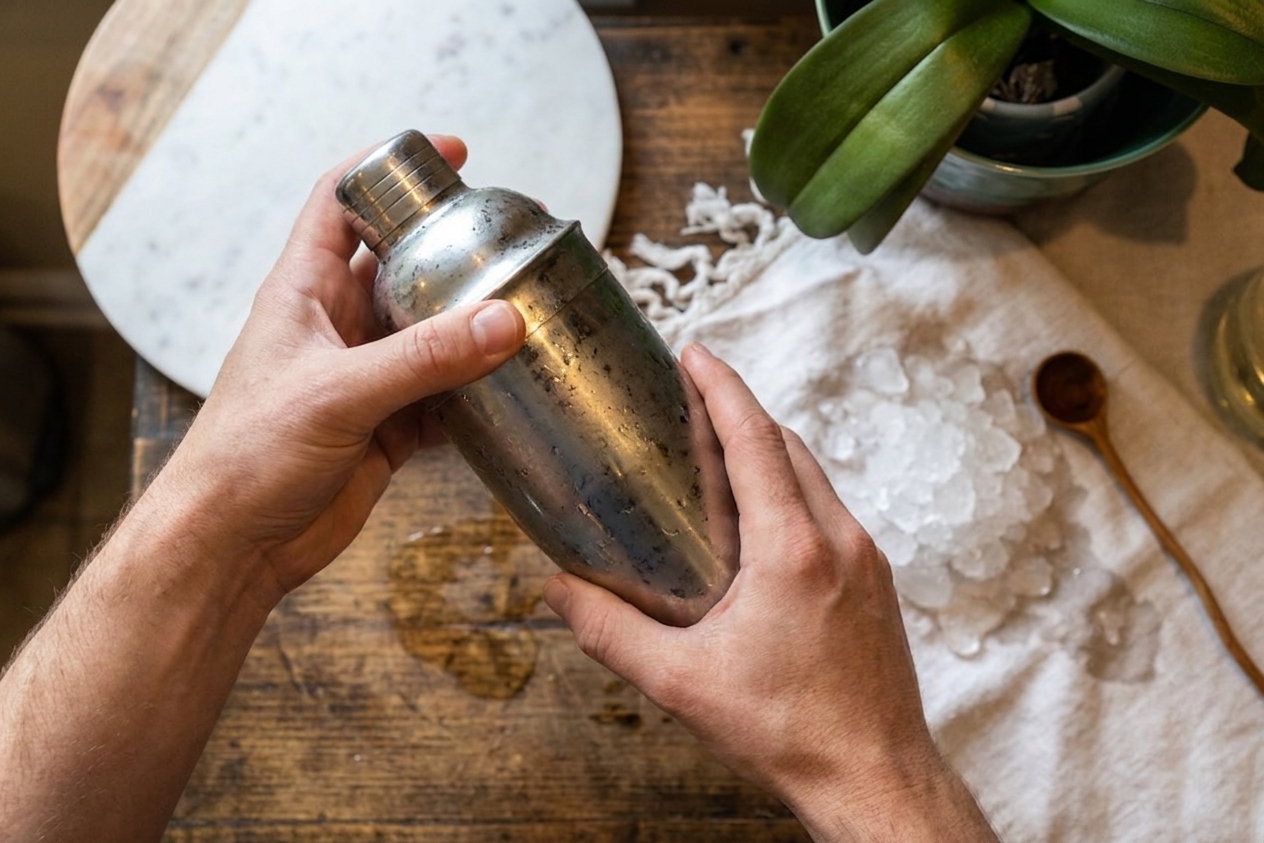 A stainless steel cocktail shaker being shaken over a kitchen counter with a small pile of ice nearby