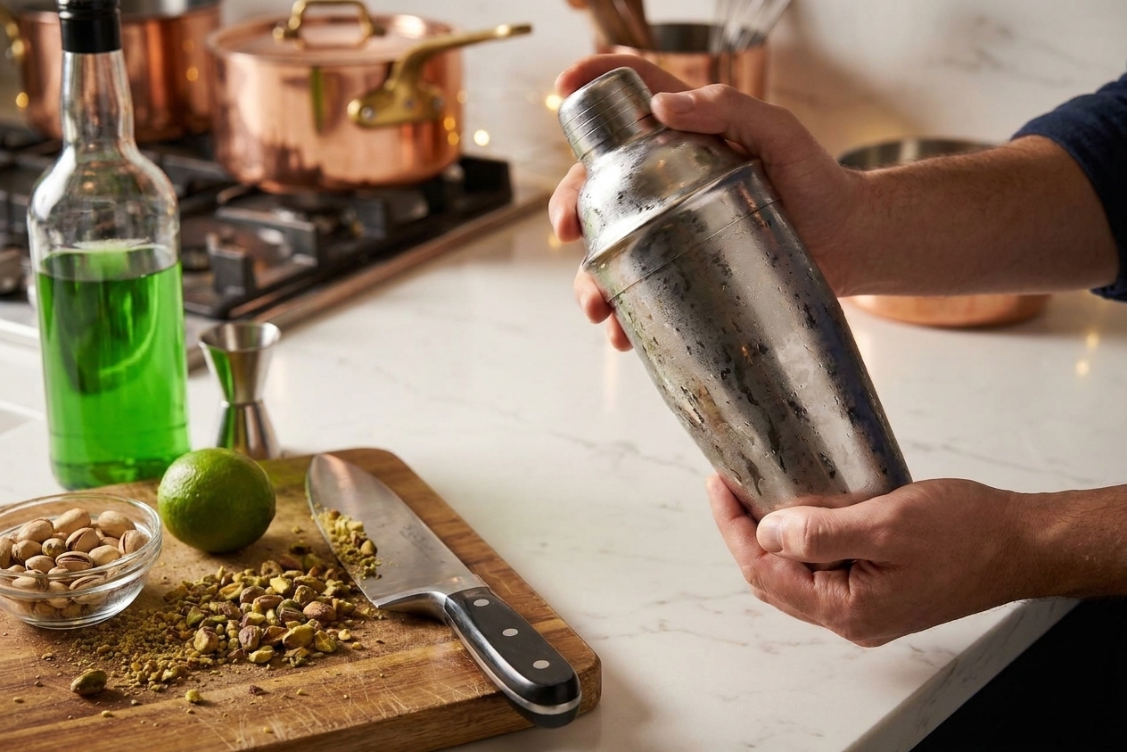 A stainless steel cocktail shaker being shaken over a kitchen counter with ingredients nearby