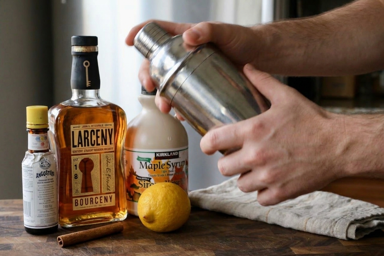 A stainless steel cocktail shaker being shaken over a warm-toned kitchen counter with ingredients nearby