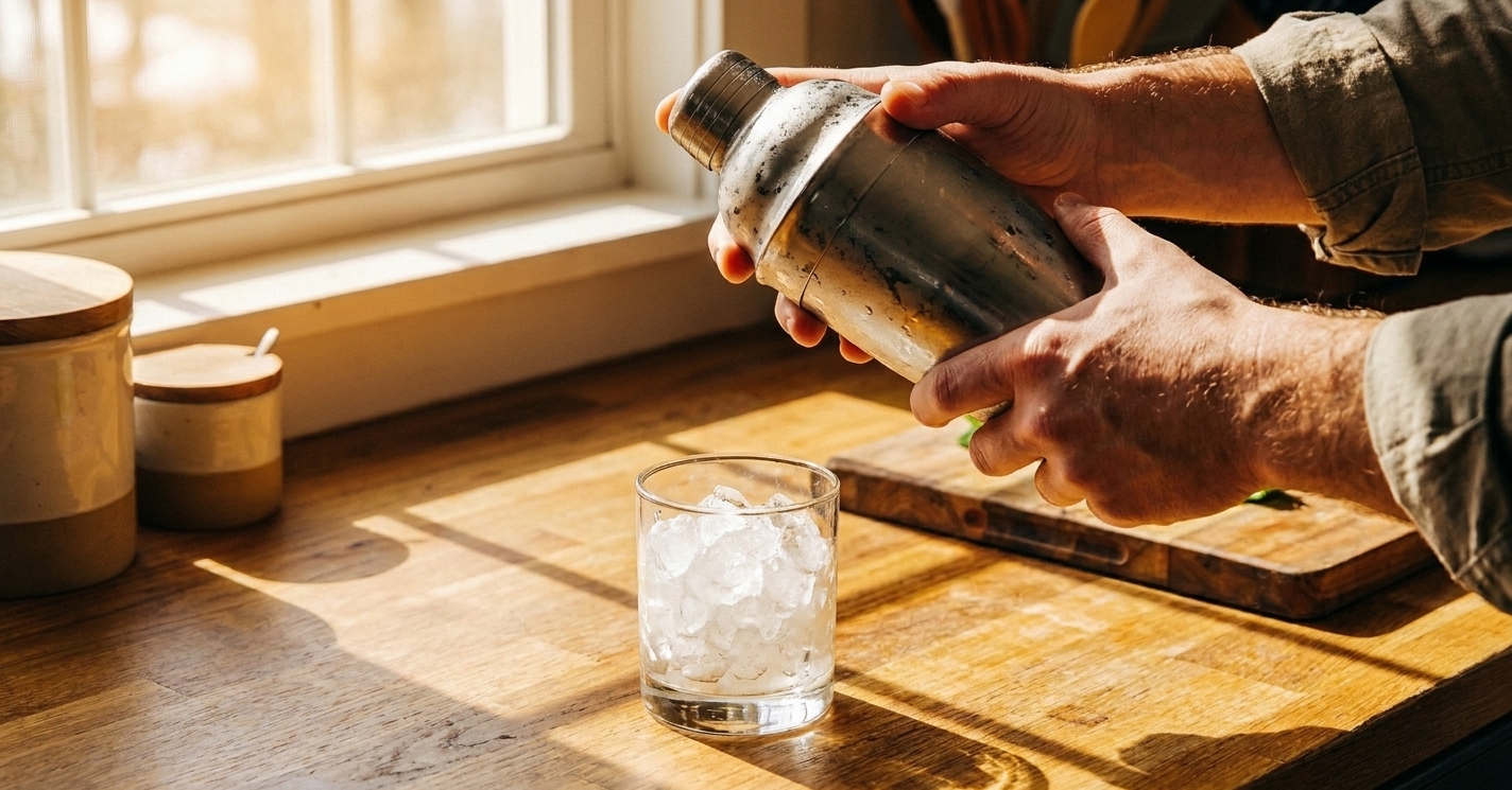 A stainless steel cocktail shaker being shaken over a kitchen counter with a rocks glass of crushed ice nearby