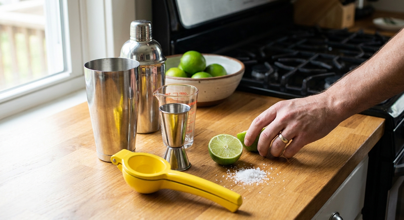 A stainless steel cocktail shaker beside a handheld citrus juicer and a jigger on a kitchen counter, with a cut lime ready to be squeezed