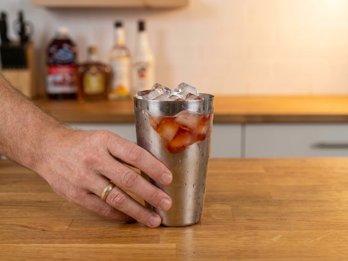 A stainless steel cocktail shaker filled with ice and spirits on a wooden kitchen counter