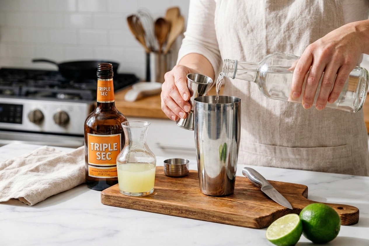 A stainless steel cocktail shaker on a counter with vodka, triple sec, and freshly squeezed lime juice being measured in with a jigger