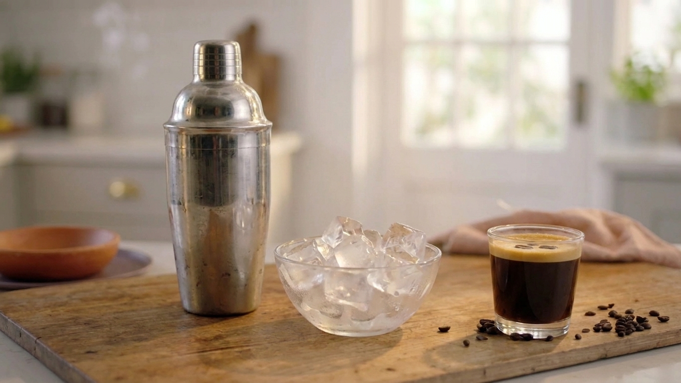 A stainless steel cocktail shaker on a kitchen counter next to ice and a small cup of espresso