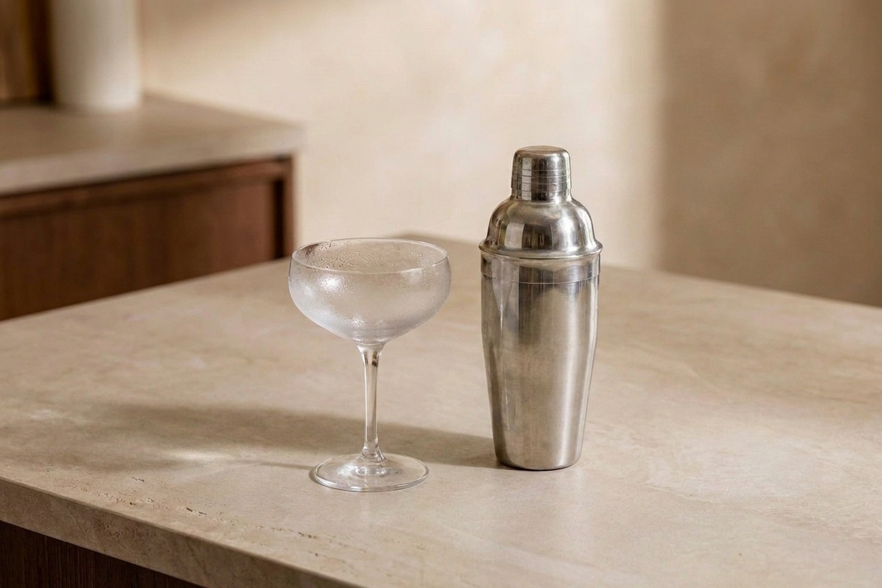 A stainless steel cocktail shaker on a kitchen counter with a chilled coupe glass nearby