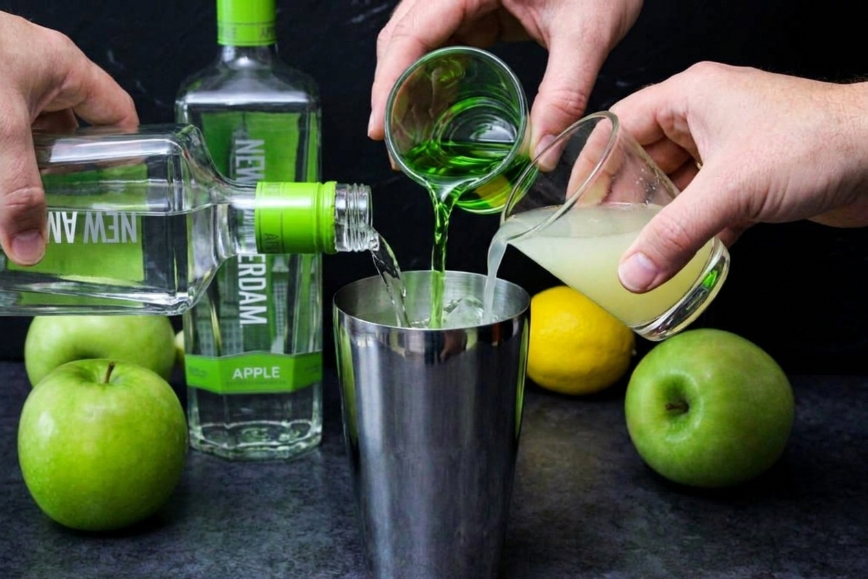 A stainless steel cocktail shaker on a kitchen counter with vodka, sour apple liqueur, and lemon juice being poured in