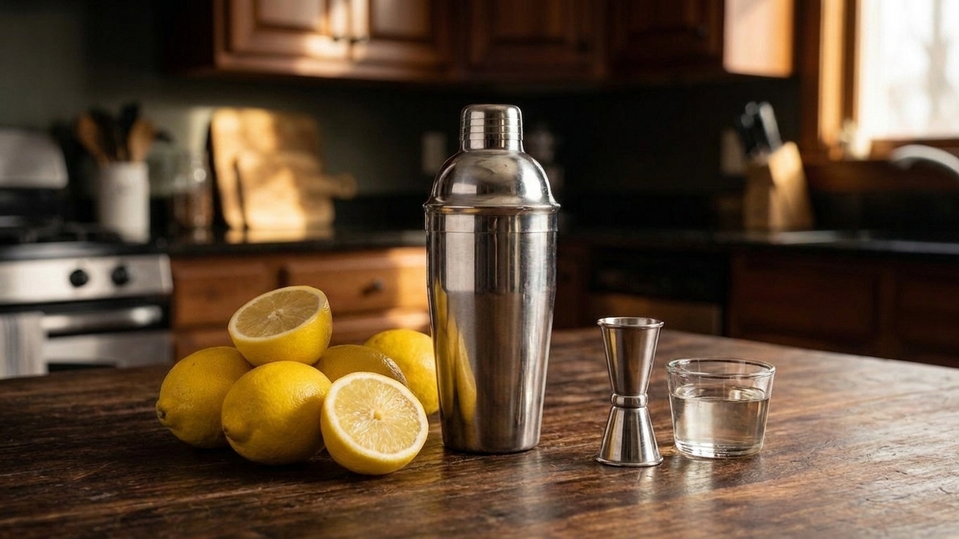 A stainless steel cocktail shaker on a kitchen counter with lemons, a jigger, and a small cup of simple syrup nearby