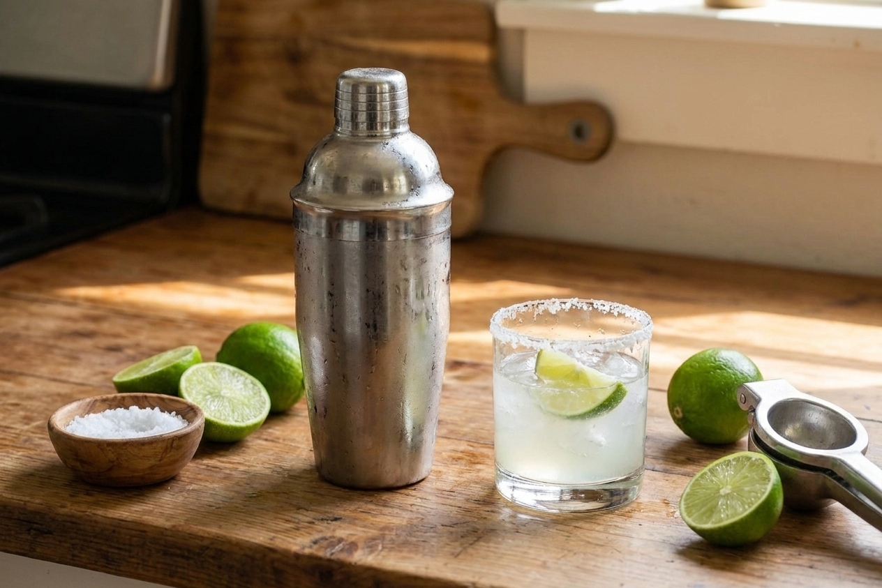 A stainless steel cocktail shaker on a kitchen counter next to limes and a rocks glass