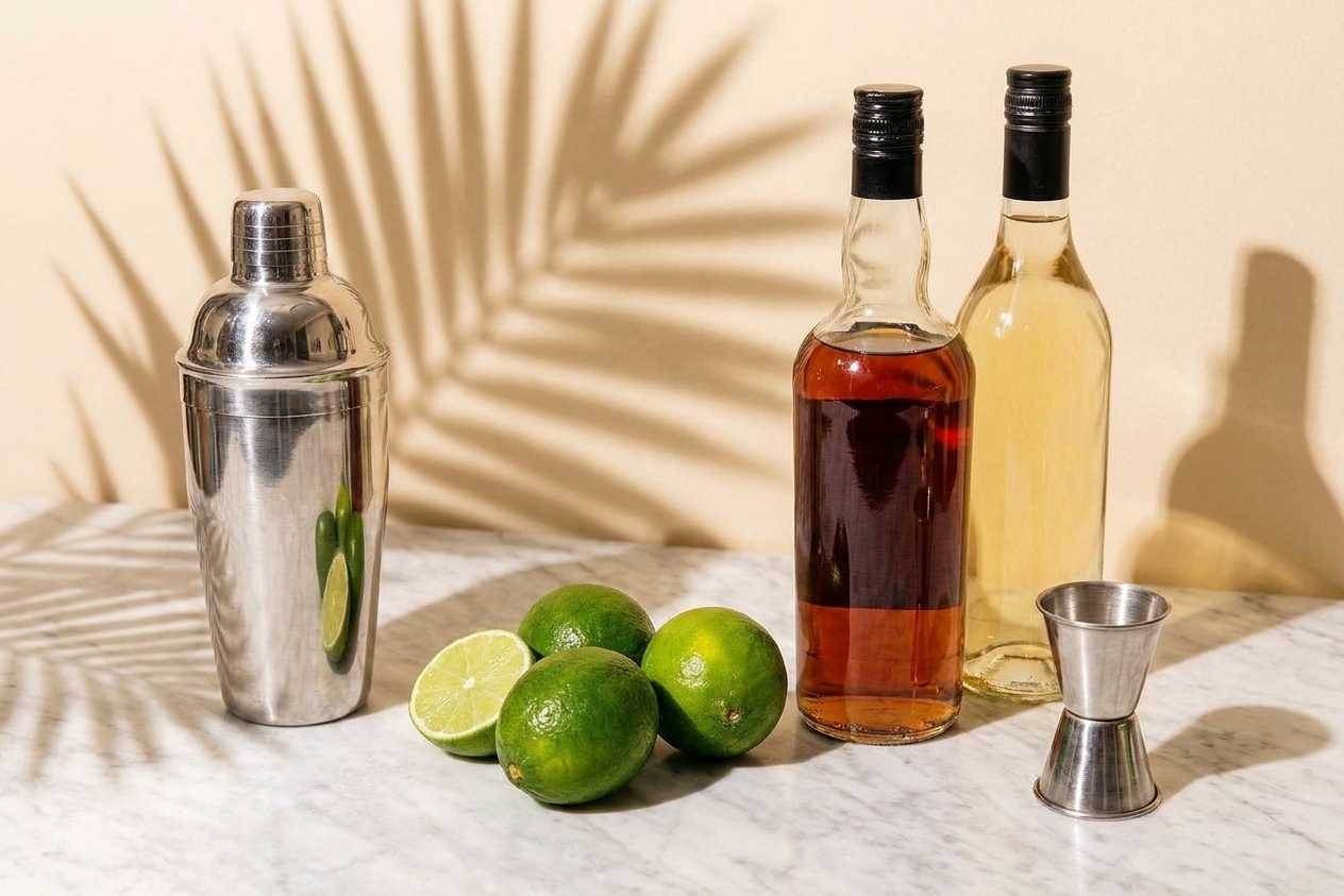 A stainless steel cocktail shaker on a kitchen counter beside limes, rum bottles, and a jigger in warm consistent kitchen lighting