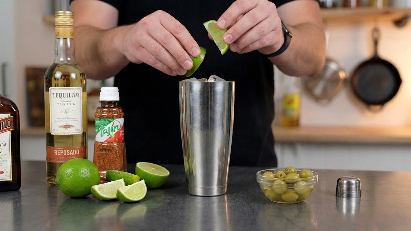 A stainless steel cocktail shaker on a kitchen counter with tequila and limes nearby, ready for mixing