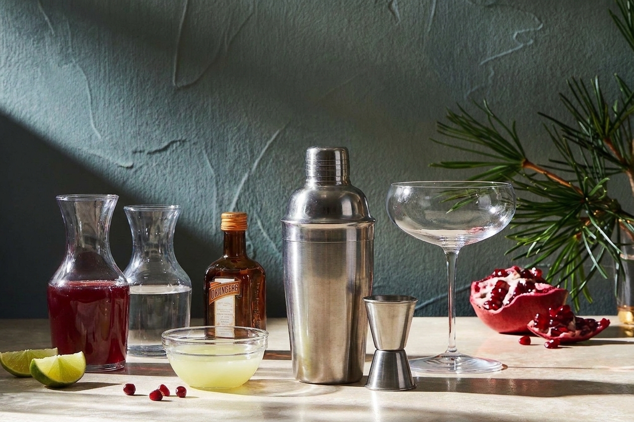 A stainless steel cocktail shaker with pomegranate martini ingredients on a bright kitchen counter next to a coupe glass