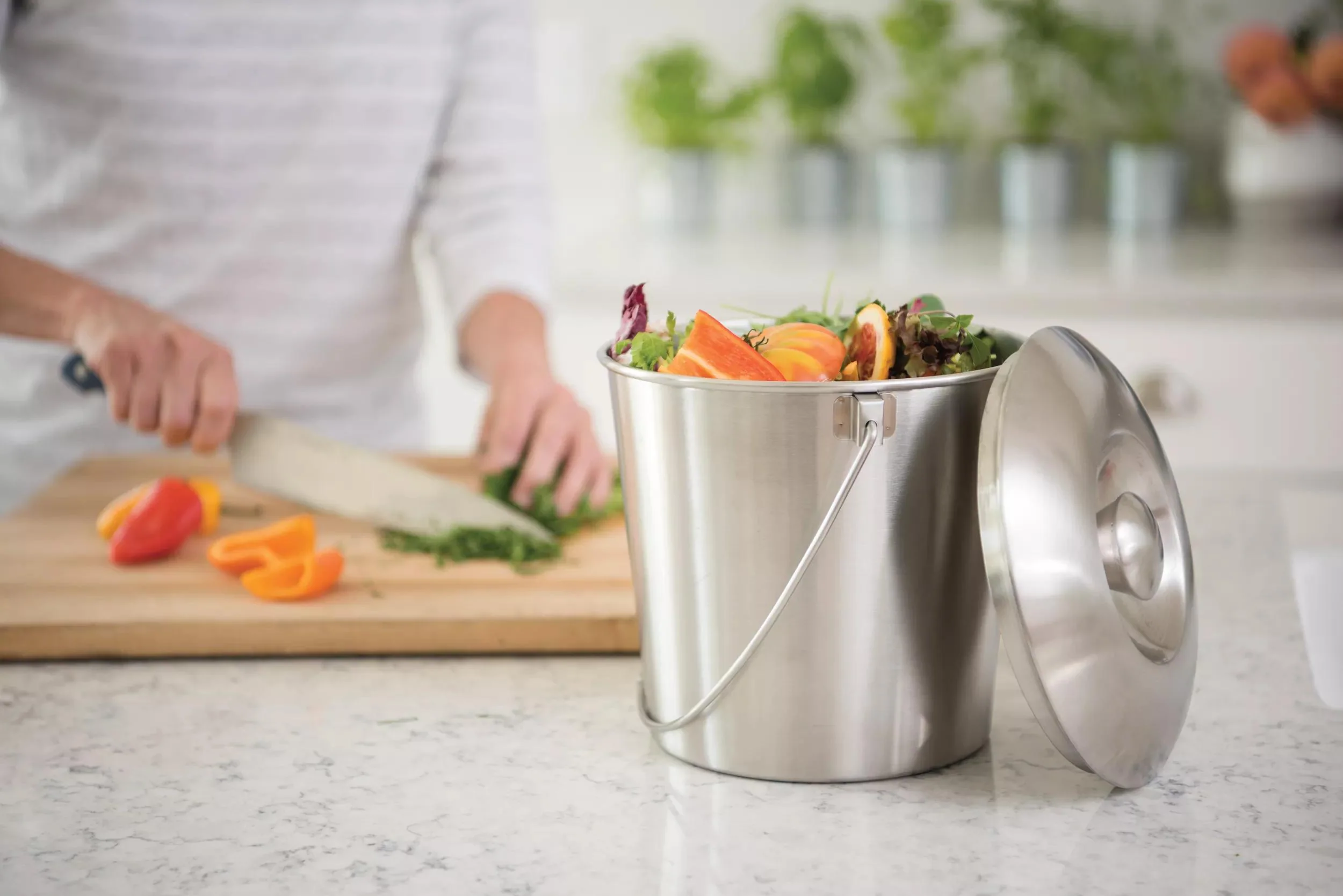 A stainless steel countertop compost bin with a charcoal filter lid sitting on a bright kitchen counter next to a small bowl of vegetable peels and coffee grounds