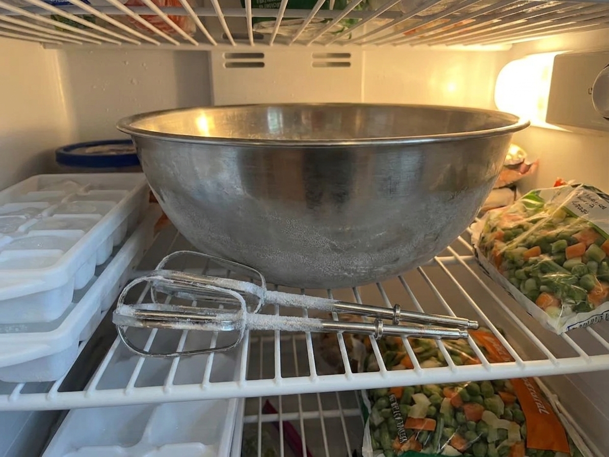 A stainless steel mixing bowl and beaters resting on a freezer shelf, ready for whipping
