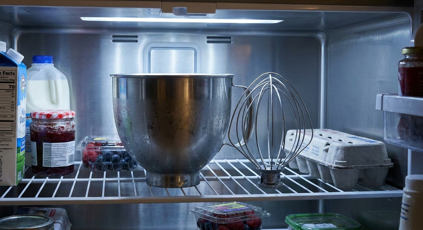 A stainless steel mixing bowl and whisk attachment resting in a refrigerator, ready for whipping cream