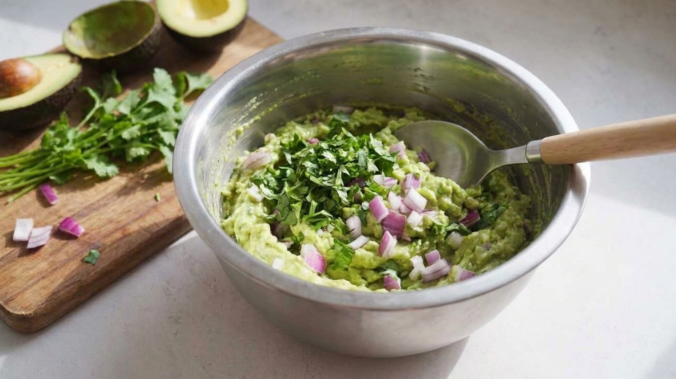 A stainless steel mixing bowl filled with chunky guacamole topped with chopped cilantro and a few pieces of diced red onion on a warm-toned kitchen counter