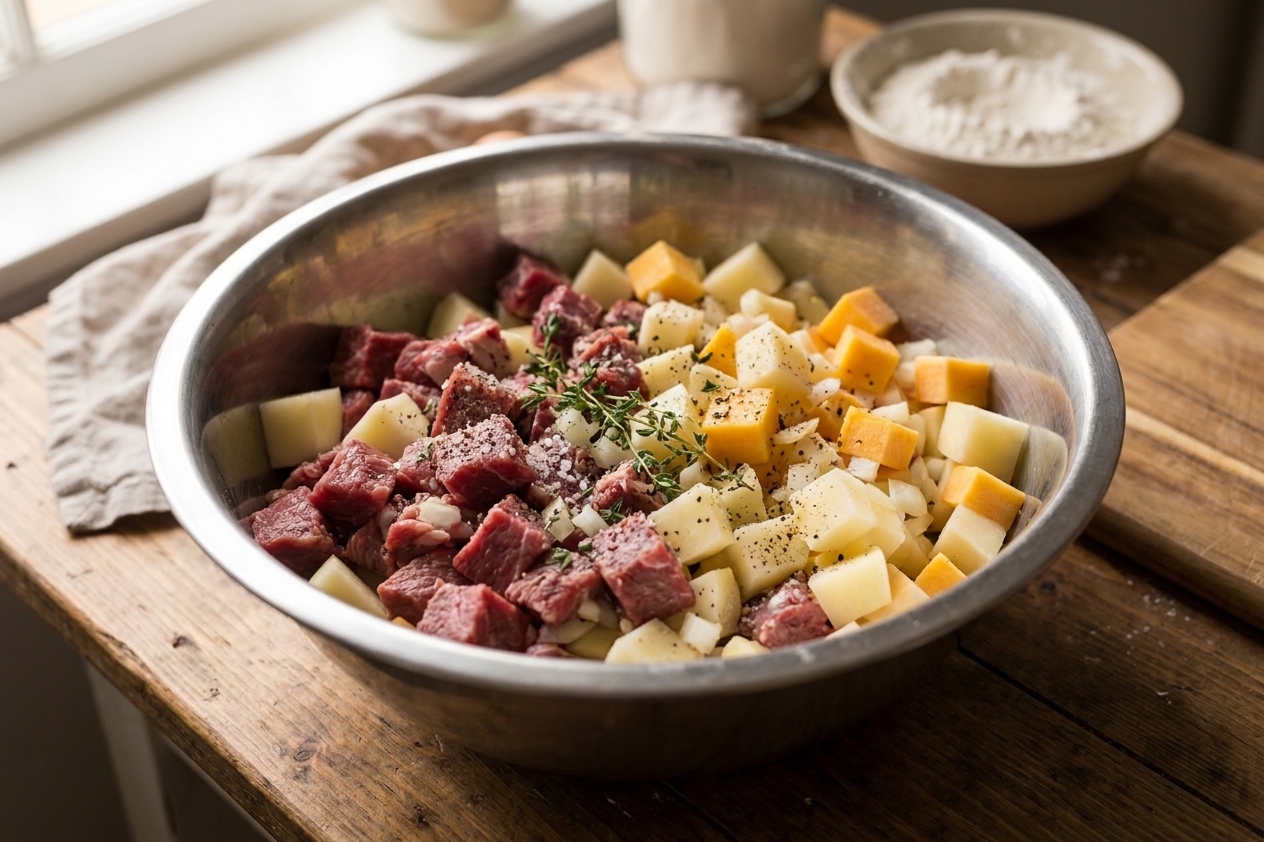 A stainless steel mixing bowl filled with diced beef, potatoes, rutabaga, and onions tossed with salt, pepper, and thyme on a kitchen counter