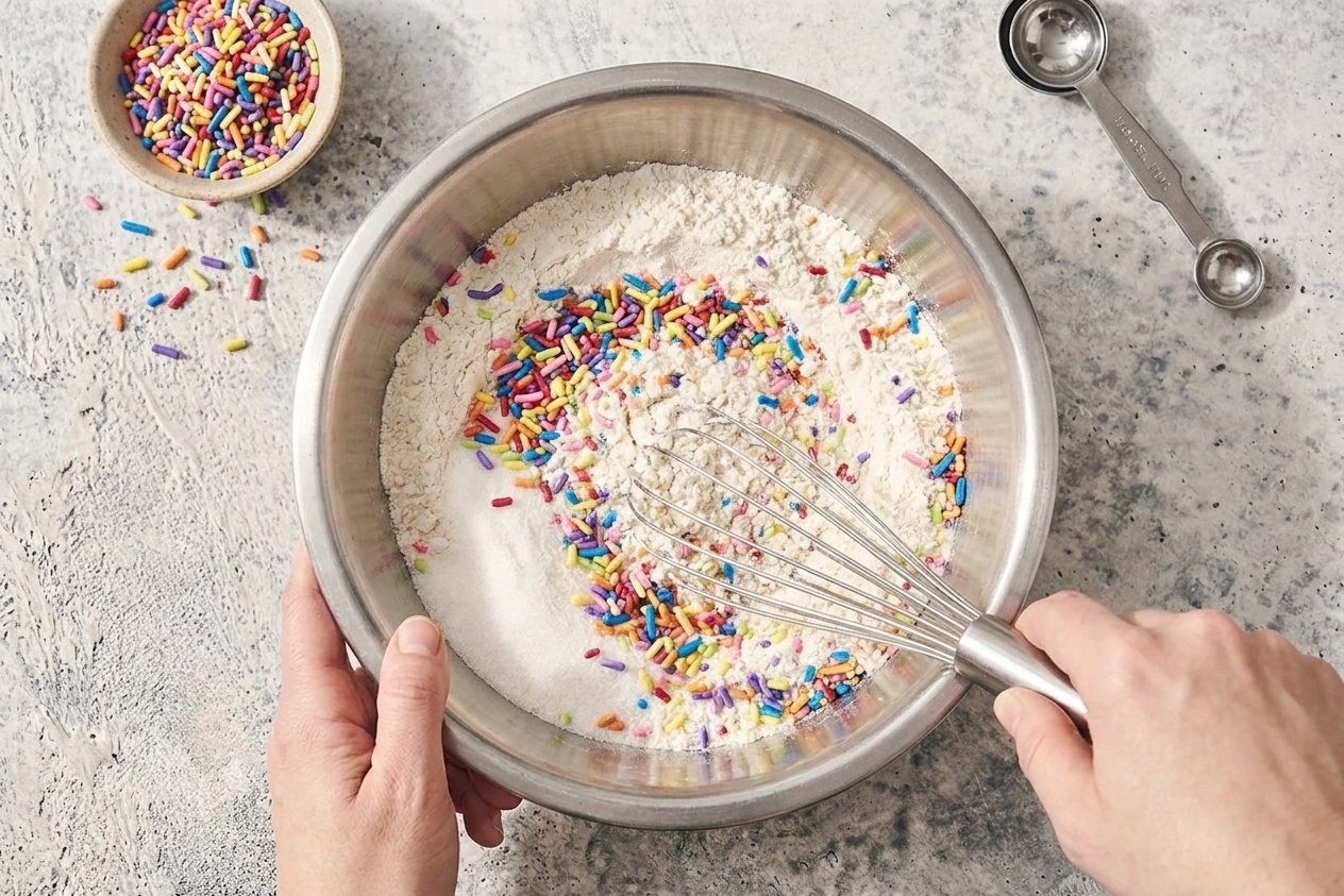 A stainless steel mixing bowl filled with dry cake mix ingredients being whisked on a bright kitchen counter