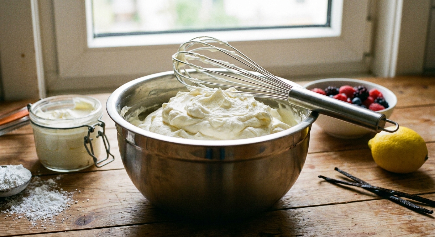 A stainless steel mixing bowl filled with fluffy mascarpone cream, with a whisk resting on the edge, on a home kitchen counter with ingredients nearby