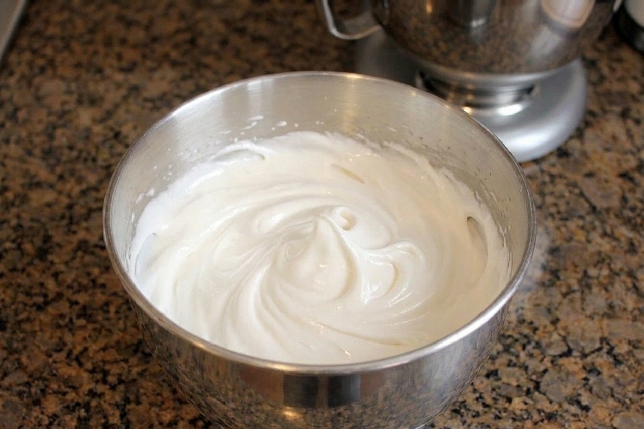 A stainless steel mixing bowl filled with glossy Italian meringue buttercream on a kitchen counter with a stand mixer nearby