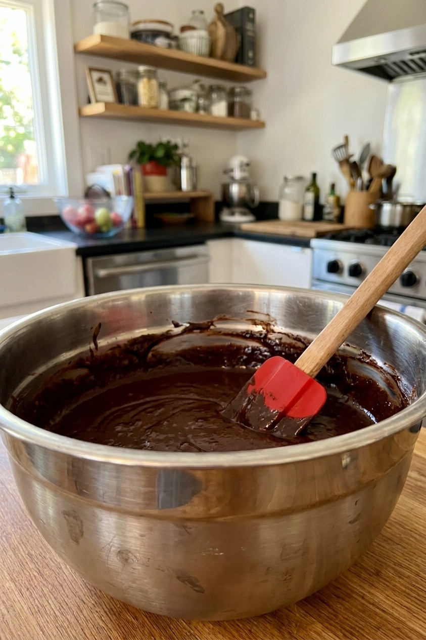 A stainless steel mixing bowl filled with glossy chocolate whoopie pie batter with a rubber spatula resting inside, real kitchen photo