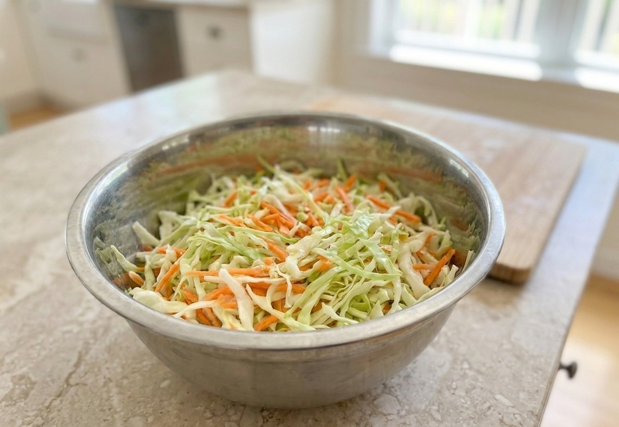 A stainless steel mixing bowl filled with shredded green cabbage and grated carrots on a light colored kitchen counter