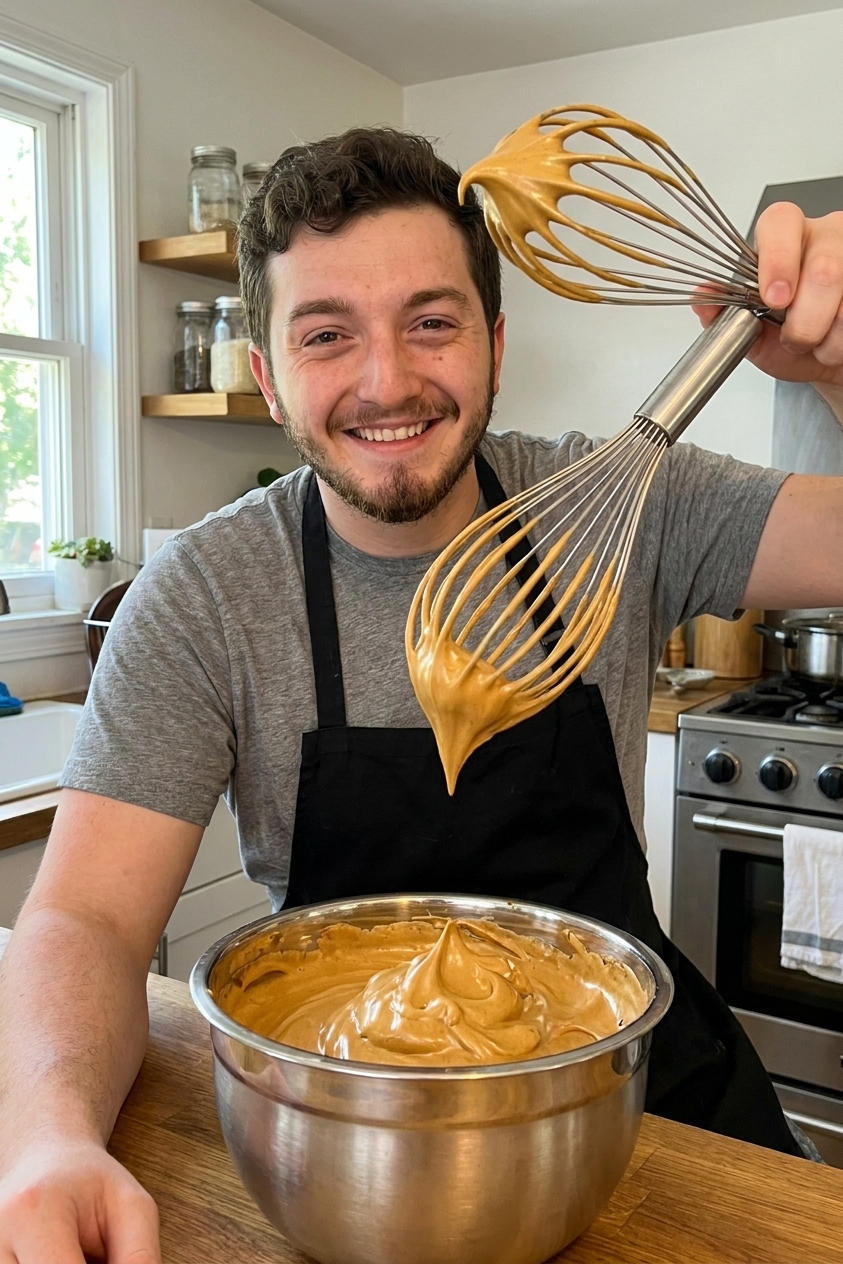 A stainless steel mixing bowl filled with whipped instant coffee foam forming stiff peaks, with a whisk lifted above the bowl in a real kitchen photo