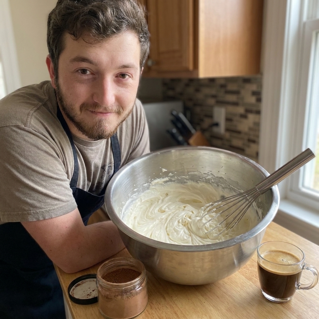 A stainless steel mixing bowl filled with whipped mascarpone cream with a whisk resting inside, on a kitchen counter with cocoa and espresso nearby