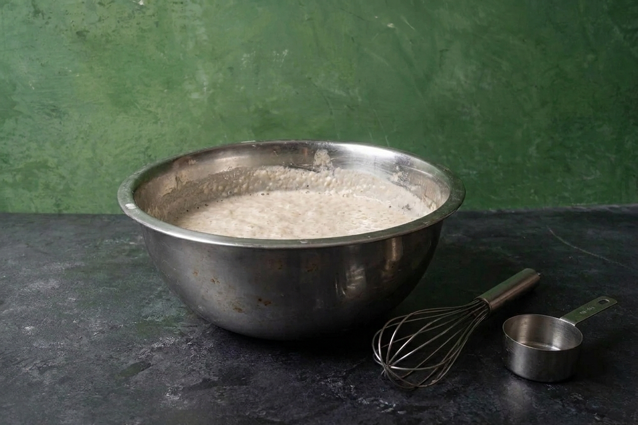 A stainless steel mixing bowl of dosa batter on a kitchen counter with a whisk and measuring cup nearby, soft daylight