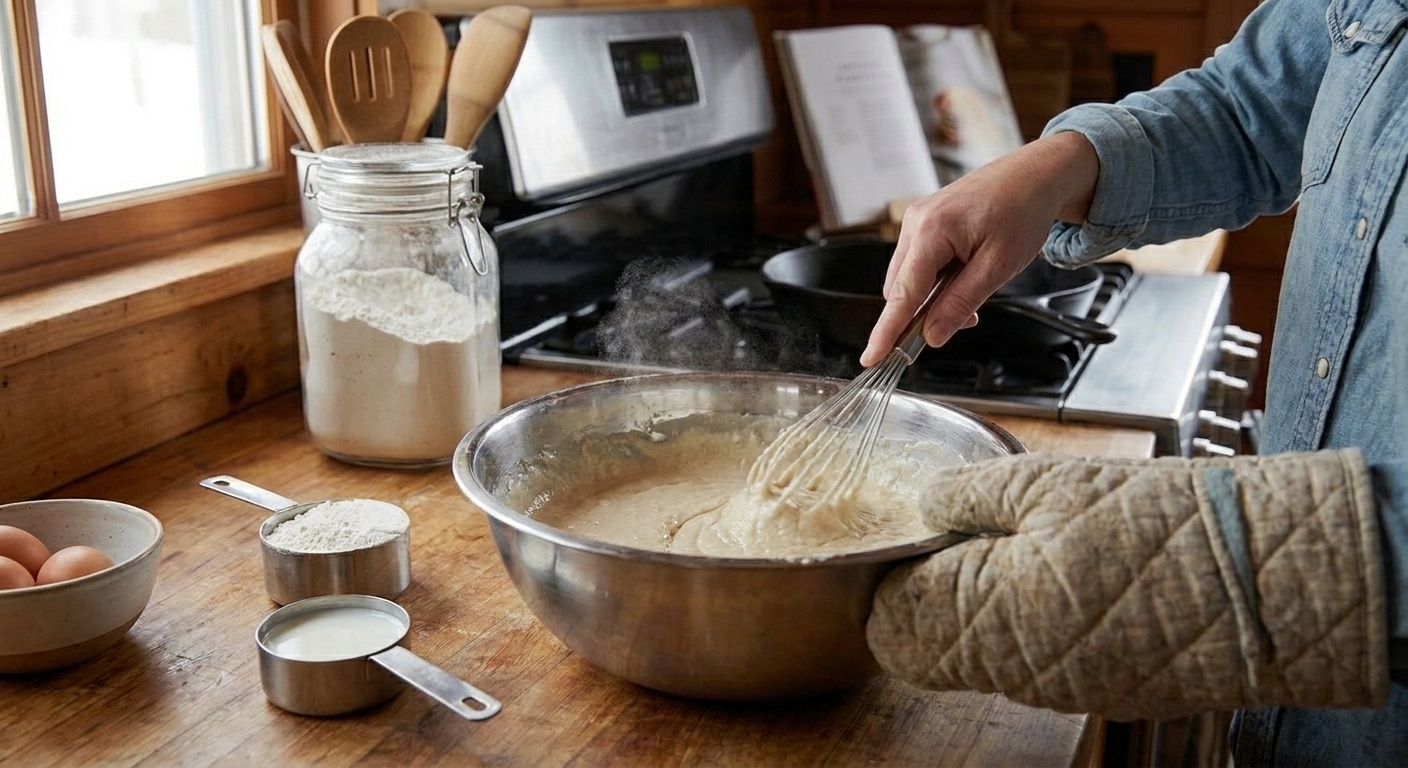 A stainless steel mixing bowl of pancake batter being whisked on a bright kitchen counter with flour and measuring cups nearby