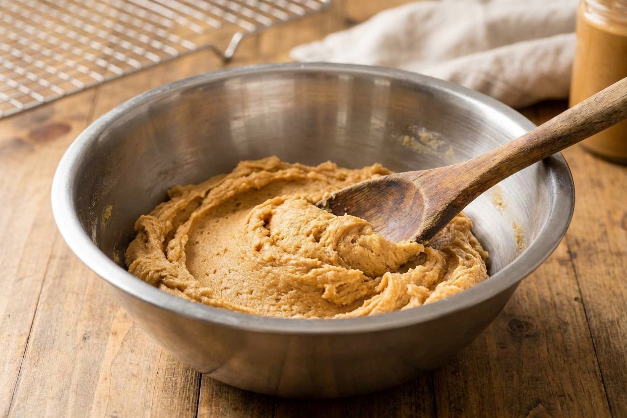 A stainless steel mixing bowl on a kitchen counter filled with peanut butter cookie dough, with a wooden spoon resting inside