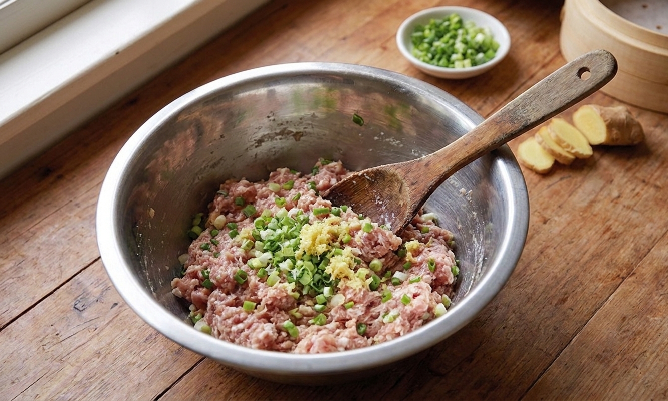 A stainless steel mixing bowl on a kitchen counter with ground pork filling mixed with scallions and ginger, a wooden spoon resting inside