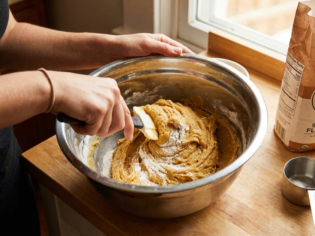 A stainless steel mixing bowl on a kitchen counter with cookie dough being stirred with a spatula, flour streaks just disappearing