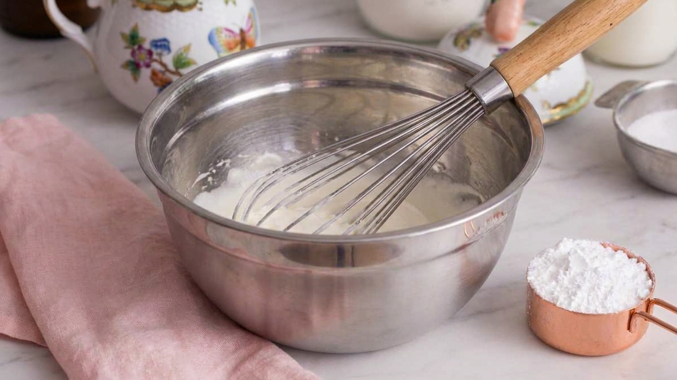 A stainless steel mixing bowl with a whisk resting inside on a bright kitchen counter