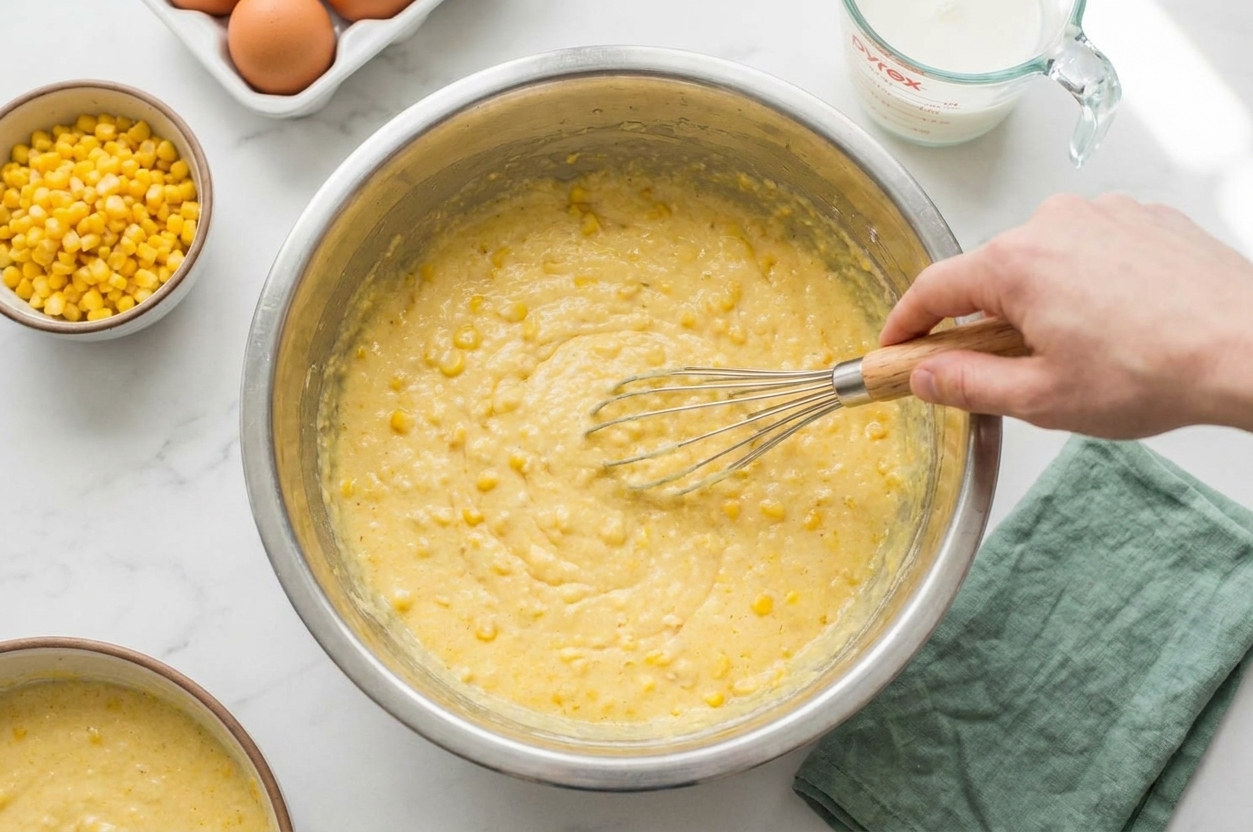 A stainless steel mixing bowl with cornbread pudding batter being whisked on a bright, neutral kitchen counter