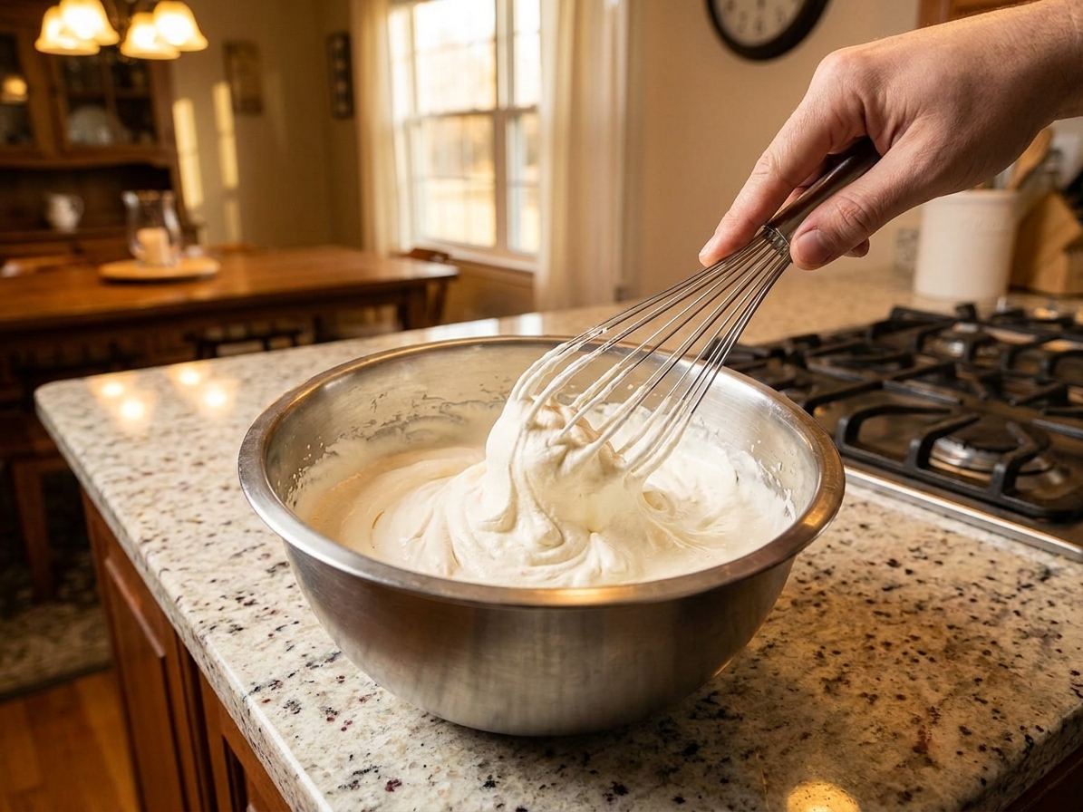 A stainless steel mixing bowl with cream being whisked as it thickens on a clean kitchen counter under warm lighting