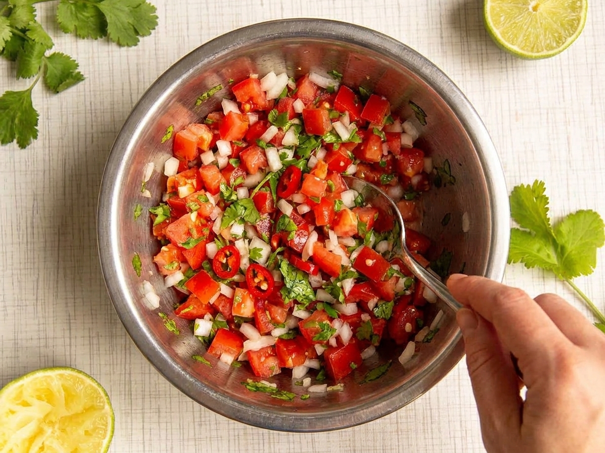 A stainless steel mixing bowl with diced tomatoes, chopped onion, cilantro, and jalapeño being stirred with a spoon on a kitchen counter